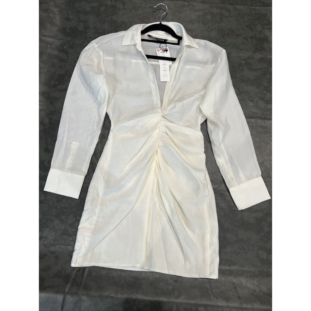 Zara Ruched V-neck longsleeve mini Collar dress Xs White Y2K Sexy Boho Artsy